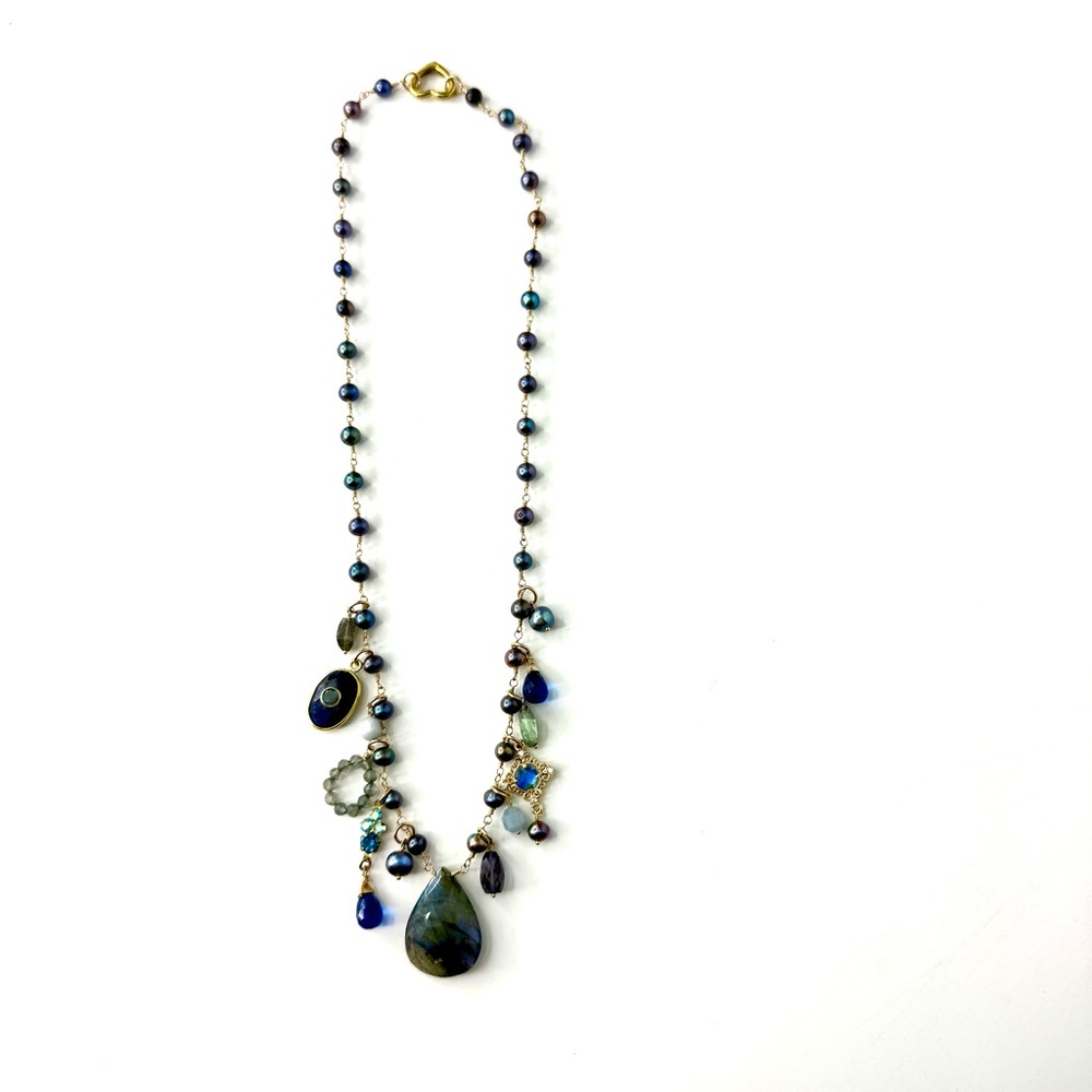 Mixed Gemstone Charm Necklace, Lapis Lazuli Freshwater Pearls Labradorite Neckla
